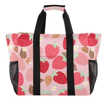 Imagem de Wassud Tulipas morangos (3) sacolas de compras reutilizáveis grande bolsa organizadora de lona impermeável para praia, piquenique, lavanderia, viagem