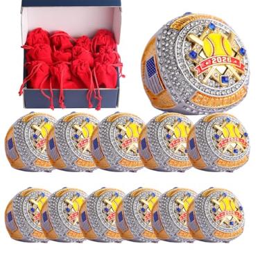 Imagem de TOPSPORTSJEWELRY Pacote com 2 peças ou pacote com 12 peças de anel de troféu de softbol para troféu de campeão de torneios palyers troféu na lateral tamanho 9,5 (12 peças de dois tons 2026 em anéis