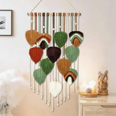 Imagem de MEIVINES Decoração de parede boho chique, decoração de parede de folhas penduradas em macramê colorido, tapeçaria de arte de parede de fio feito à mão Boho para quarto, sala de estar, berçário