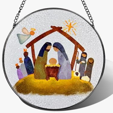 Imagem de LAOWEIKI Vitral de 20 cm para pendurar, enfeite de presépio cristão, decoração de sagrada família, decoração religiosa, presente para Natal, presentes religiosos, presentes cristãos