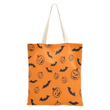 Imagem de JUZIHAI Sacola de lona de Halloween, bolsa temática reutilizável Halloween Boo com bolso interno, bolsa de viagem para festa de compras de grande capacidade
