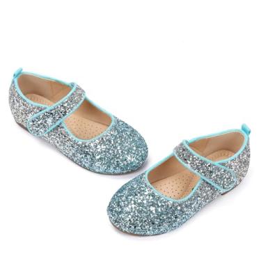 Imagem de ADAMUMU Sapato feminino floral infantil bailarina sapatilhas Mary Jane slip on sapatos em festa de casamento usando férias, Azul dégradé, 9 Toddler