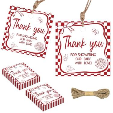 Imagem de 50 peças de etiquetas de presente de agradecimento com tema de pizza de bebê - Etiquetas quadradas penduradas com cordão de algodão bege para lembrancinhas de chá de bebê, suprimentos de festa de