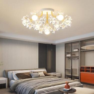Imagem de Luminária de teto moderna com flor de cristal decorativa, soquete E27, dourada, para decoração de interiores. Lustre elegante e sofisticado de meados do século XX, ideal para sala de estar,