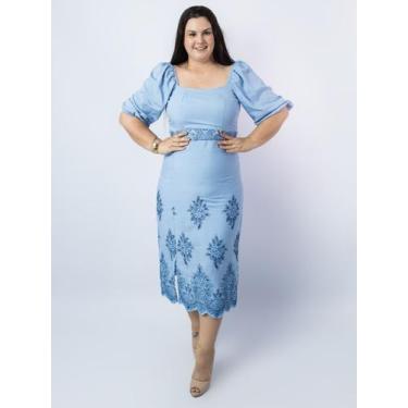 Imagem de Vestido mid em viscose bordada iris - Valeria Alves, Azul, P