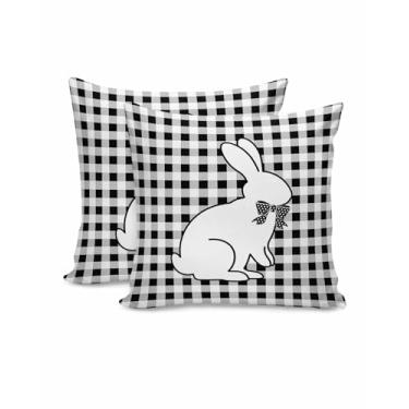 Imagem de ALAGEO Conjunto de 2 capas de almofada decorativas de coelhinho da Páscoa, 45,7 x 45,7 cm, preto e branco, xadrez, capa de almofada para sofá de casa