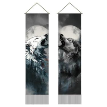 Imagem de AHANDMAKER Pacote com 2 tapeçarias de lobo e lua, tapeçaria longa vertical de arte de parede uivando lobo da floresta, cortina de porta preta e branca para pendurar na parede para quarto e sala de