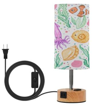 Imagem de Wassud Candeeiro de mesa de cabeceira com toque de água-viva do mar em aquarela com 3 temperaturas de cor, luminária de mesa moderna com forro para sombra de suporte noturno para sala de estar, quarto