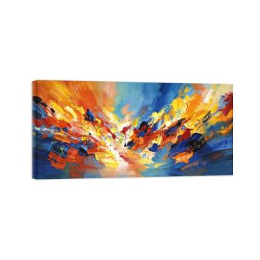Imagem de Impressões abstratas em tela-Quadro texturizado para parede-Azul laranja e amarelo-Pintura moderna para sala de estar 60x120cm Tela Embrulhada