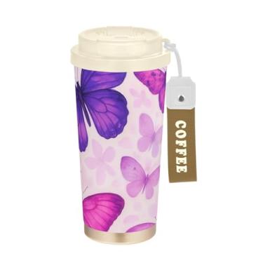 Imagem de Caneca de viagem de café 40 ml com canudo e tampa, revestimento cerâmico, isolada a vácuo, caneca de café de aço inoxidável à prova de vazamento, borboletas rosa roxas