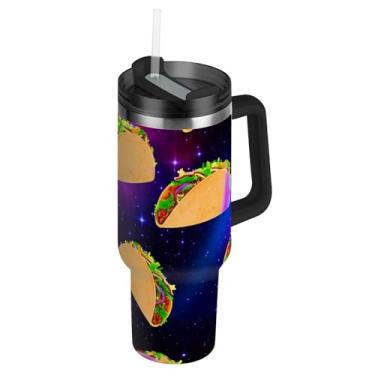 Imagem de Copos escuros com tampa e canudos Cartoon Tacos Space Garrafa de água isolada de aço inoxidável Copo de 1,134 g com alça copo térmico de café para carro