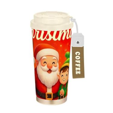 Imagem de TSENQUE Caneca de café de viagem 40 ml com canudo e tampa, revestimento cerâmico isolado a vácuo aço inoxidável copo de café para viagem à prova de vazamento, vermelho feliz natal fofo