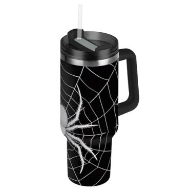 Imagem de Joisal Copos com tampas e canudos Teia de aranha branca preta 1,134 g copo com alça garrafa de água rosa isolado aço inoxidável carro copo de café
