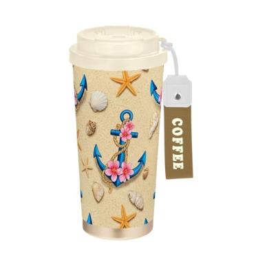 Imagem de Caneca de viagem de café 40 ml com canudo e tampa, copo de parede dupla isolado a vácuo com revestimento cerâmico, âncoras de desenho animado flores rosa