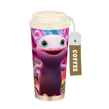 Imagem de Caneca de viagem de café 16+ Oz, copo de café de viagem com revestimento cerâmico com canudo e tampa, copo isolado a vácuo de aço inoxidável, axolote rosa floral colorido