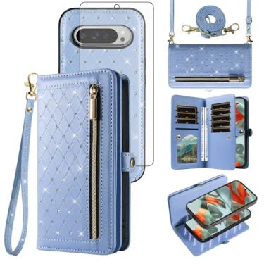 Imagem de Asuwish Capa de telefone para Google Pixel 9 Pro XL carteira com zíper destacável capa celular protetor de tela de vidro temperado alça transversal flip bling titular cartão de crédito Pixel9 9Pro