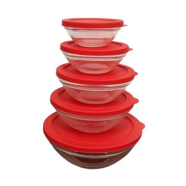 Imagem de Conjunto 5 Potes Redondo de Vidro com Tampa Vermelha, Recipientes de Armazenamento de Alimentos em Vidro com Tampas