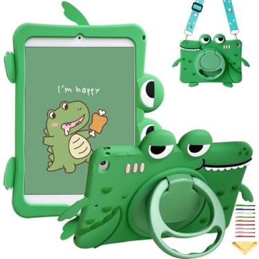Imagem de Capa infantil para iPad Mini 7 2024 A17 Pro 21.1 cm e iPad Mini 6 2021 com alça de ombro, alça de anel giratório de 360°/suporte de silicone macio para iPad Mini 7ª/6ª geração, crocodilo verde