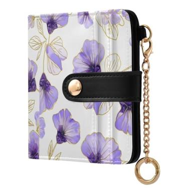 Imagem de SEHANY Carteira feminina elegante com flores roxas com bloqueio de RFID, compacto, porta-cartão de crédito de couro PU, dobrável para moedas, carteiras para mulheres e adolescentes