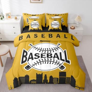 Imagem de Erosebridal Jogo de cama solteiro de beisebol, 7 peças, com estampa de beisebol e bola esportiva, para crianças, adolescentes, conjunto de cama com silhueta de cidade americana, amarelo e preto