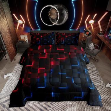 Imagem de Erosebridal Jogo de cama casal, preto, vermelho, azul, xadrez, geométrico, 3D, edredom abstrato, gradiente neon, geométrico, decoração de quarto para crianças, meninos e meninas, 2 fronhas