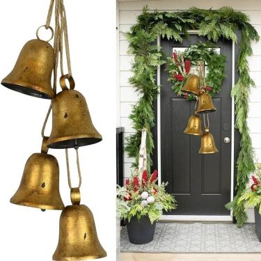 Imagem de Sinos de vaca decorativos vintage feitos à mão em metal com corda, conjunto de 4