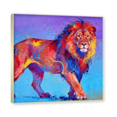 Imagem de NHLDZYH Moldura dourada. Quadro abstrato de leão - arte moderna com salpicos de cor vibrante - arte de parede energética para casa, escritório ou negócios - tela decorativa. A17. 30 x 30 cm.