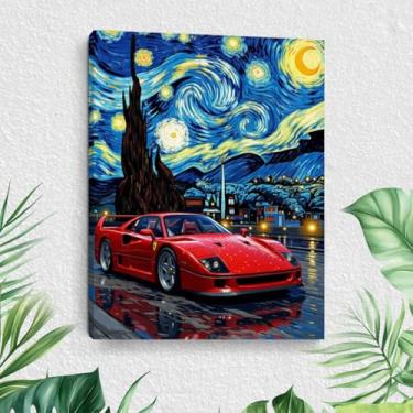 Imagem de Arte de parede em tela de carro esportivo noturno estrelado divertido, decoração estética de carros esportivos modernos, imagem com estampas emolduradas engraçadas para sala de estar, sala de jantar