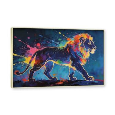 Imagem de NHLDZYH Moldura dourada. Pintura salpicada de leão pintura em tela abstrata arte animal mural vívido chama a atenção para sala de estar decoração moderna para casa. A82. 40 x 60 cm.