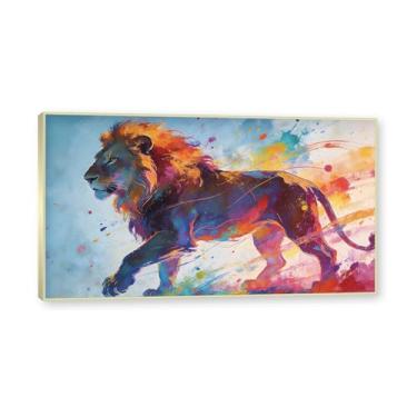 Imagem de Moldura dourada. Arte abstrata de respingos de leão, pintura colorida de animais em tela, decoração de parede expressiva moderna para sala de estar ou escritório. A97. 70 x 125 cm - 27,6 x 49,2 pol.