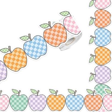 Imagem de FYSUIMU Quadro de avisos de volta às aulas com borda colorida xadrez maçãs cortadas em matriz rolo de borda para decoração de parede no primeiro dia de aula, quadro-negro