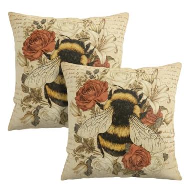 Imagem de Kwlegh Capas de almofada vintage de abelha primavera verão 45,7 x 45,7 cm com flor de lírio rosa com estampa francesa retrô de abelha de mel, capas de almofada floral para sofá doméstico pacote com 2