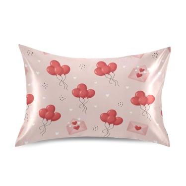 Imagem de Wassud Envelopes de balões de coração para dia dos namorados fronha de cetim para cabelo e pele fronhas de seda lisa tamanho padrão capas de travesseiro respiráveis com fecho de envelope