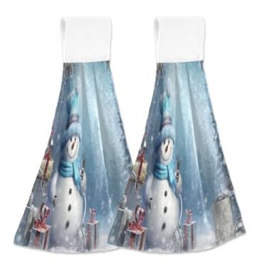 Imagem de Blueangle 2 peças de toalhas de gravata penduradas de boneco de neve de Natal toalha de mão de cozinha absorvente de veludo coral macio pano de pano para cozinha e banheiro (308)