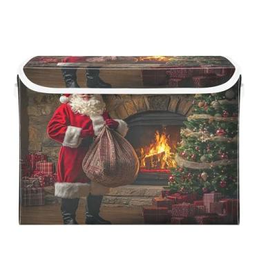 Imagem de SEHANY Linda caixa de armazenamento de Papai Noel de Natal com tampas e alças, organizador de cestas de armazenamento de tecido dobrável, caixas de armazenamento de cubos grandes para roupas, cobertor
