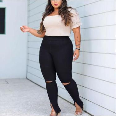 Imagem de Calça Bandagem Skinny Feminina Grossa Plus Size Preta Abertura Joelho 