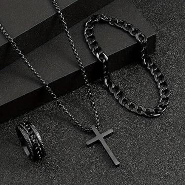 Imagem de 3 peças punk cruz pingente colar pulseira conjunto de anéis simples personalidade hip hop festa jóias acessórios, Medium, Metal, Sem Pedra Preciosa