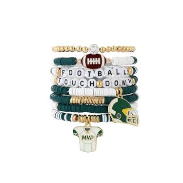 Imagem de KOFISNI Pulseiras femininas de futebol americano empilháveis para dia de jogo, verde, branco, contas de argila da amizade, pulseiras esportivas empilháveis, pulseiras de futebol americano, roupa de