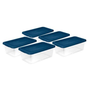 Imagem de Sterilite Stackable 6 Quart Clear Home Storage Box with Handles and Blue Lid for Efficient, Space Saving Household Storage and Organization, 5 Pack