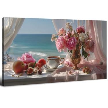 Imagem de Arte de parede de flor rosa vintage flores retrô em vaso dourado imagens azul oceano paisagem costeira impressão em tela pôster pintura floral arte floral para sala de estar banheiro decoração de casa