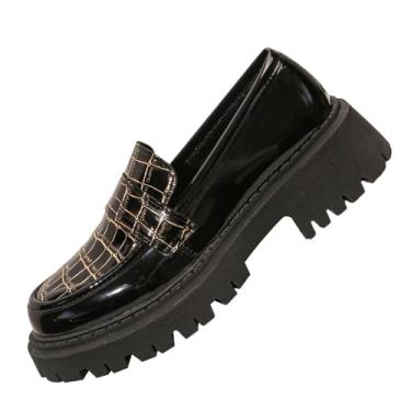 Imagem de Mocassins femininos brilhantes de salto médio com sola grossa para uso casual, Preto, 34