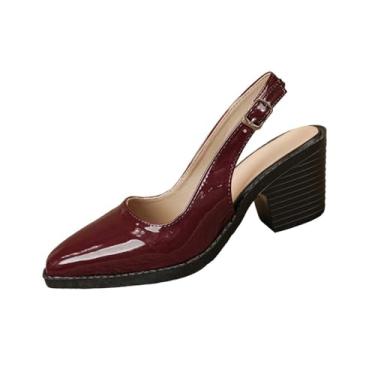 Imagem de Sandálias femininas modernas, casuais, brilhantes, bico quadrado, bico fechado, salto bloco, cabedal de poliuretano, vários tamanhos, Vinho vinho, 39