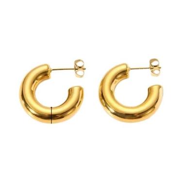 Imagem de Brincos de Argola Grossos de Aço Inoxidável - Estilo Vintage Dourado p