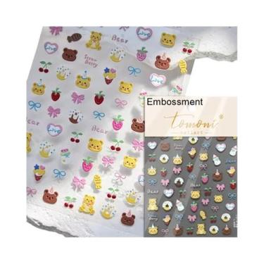 Imagem de Adesivos De Unha 5D Retrô Preto E Branco Com Laço De Renda E Urso Fofo