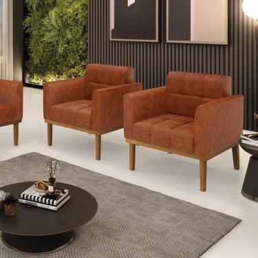 Imagem de Kit 2 Poltronas Decorativas Pés Fixo Em Madeira Castanho Pu Nozes