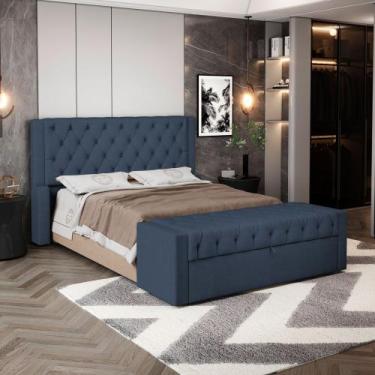 Imagem de Cabeceira e Calçadeira Báu Queen Size Atena 160cm Capitonê Linho Azul 