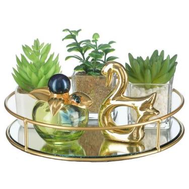 Imagem de Bandeja Decorativa Redonda Com Espelho Dourada P/ Perfume Banheiro Lav