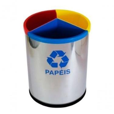Imagem de Lixeira Mix em Aço Inox com 3 Divisões para Coleta Seletiva 26L e 8L Amarelo Azul Cinza...