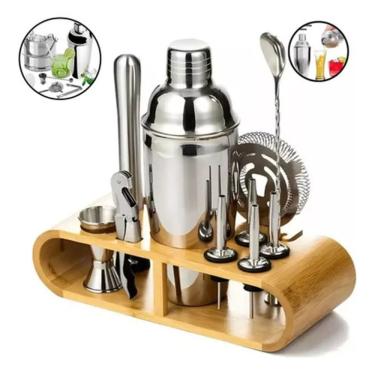 Imagem de Kit Coqueteleira 550ml 12 Peças para Preparo de Drinks em Aço Inoxidável com Strainer e...