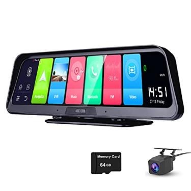 Imagem de Espelho retrovisor para painel de carro Cam Dash Cam, 4G Android 8.1, com música Wifi GPS Navi Bluetooth, ADAS lente dupla FHD 1080P Câmera Gravador de vídeo para carro dianteiro e traseiro (cartão de 64 GB incluído)